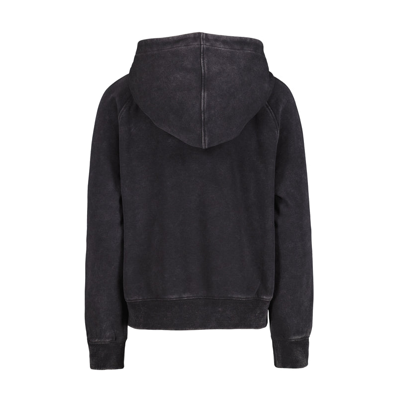 The Roxy Girls' Heartbeat Half-Zip Hoodie, shown from the back in black on a white background, is crafted from soft cotton-poly fleece and features visible seams, ribbed cuffs and hem, and a classic kangaroo pocket.