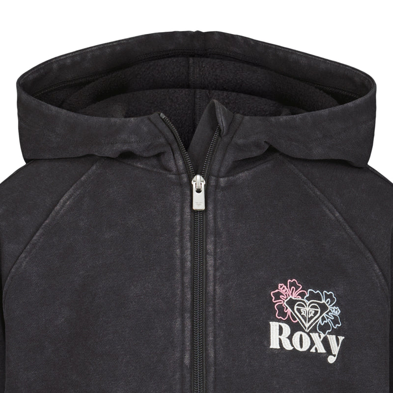 Close-up of the Girls' Heartbeat Half-Zip Hoodie by Roxy, featuring a black cotton-poly fleece, colorful floral design and logo on the left chest, visible hood, partially open zipper, and comfy kangaroo pocket.