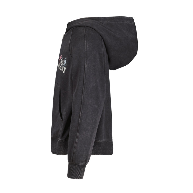 Side view of Roxy's Girls' Heartbeat Half-Zip Hoodie in black cotton-poly fleece, featuring a half-zip front, kangaroo pocket, hood, ribbed cuffs and hem, and a small embroidered chest logo.