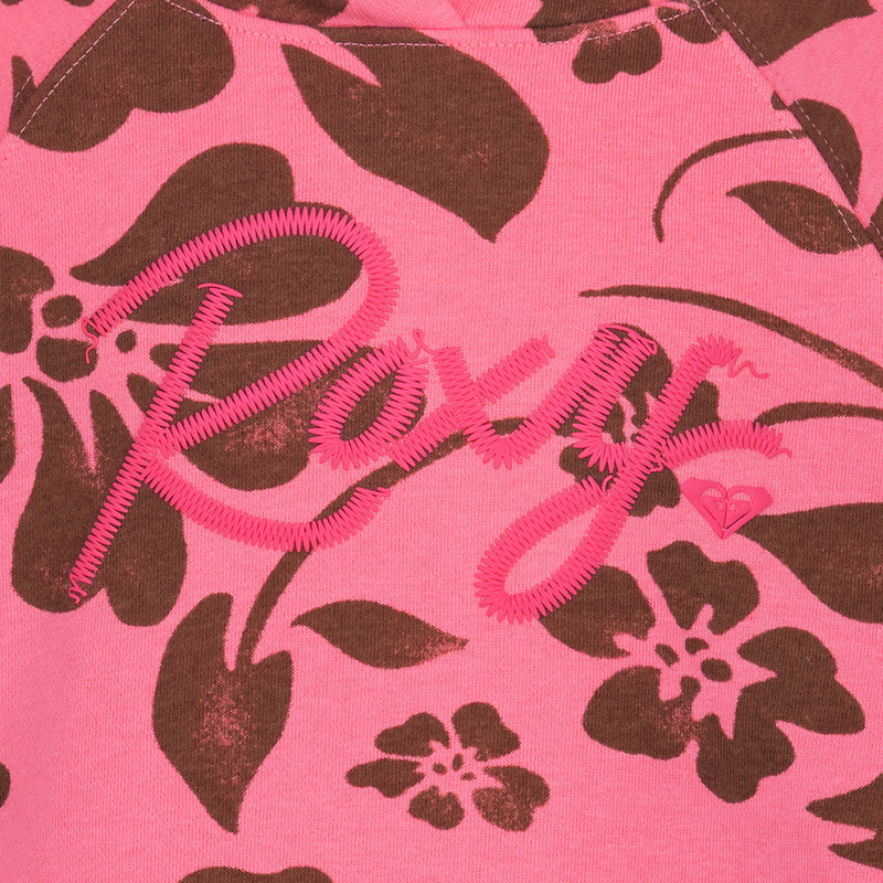Close-up of the Roxy Girls' Floral Swell Hoodie in soft cotton-poly fleece, featuring a pink and brown floral print with “Roxy” embroidered in pink thread and a small heart logo.
