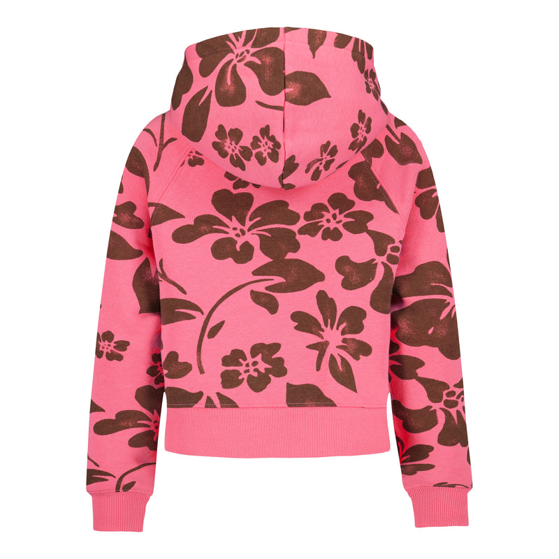 The Roxy Girls' Floral Swell Hoodie is made from soft cotton-poly fleece in pink, with long sleeves, ribbed hem and cuffs, and a brown floral print on the back, sleeves, and hood. Shown against a white background.