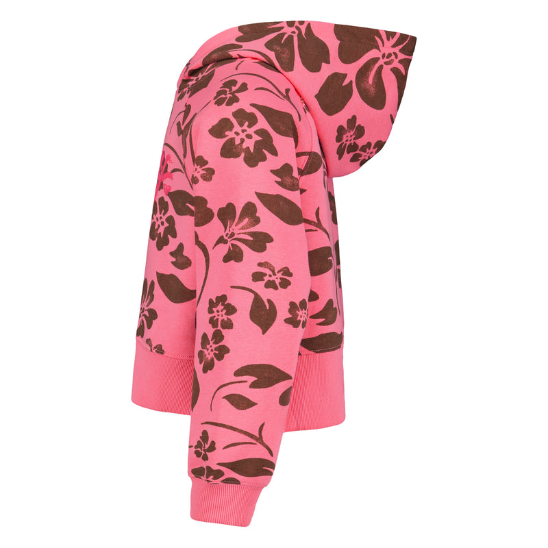 The Roxy Girls' Floral Swell Hoodie features pink cotton-poly fleece with dark brown floral designs, shown from the side with the hood up and sleeves down.