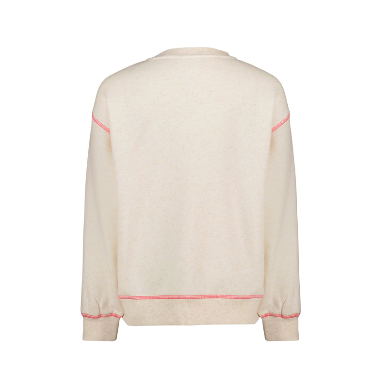 The Girls' Sunshine Crew by Roxy is an oversized, cream-colored sweatshirt with light pink seams on the shoulders, sleeves, and cuffs, shown from the back.
