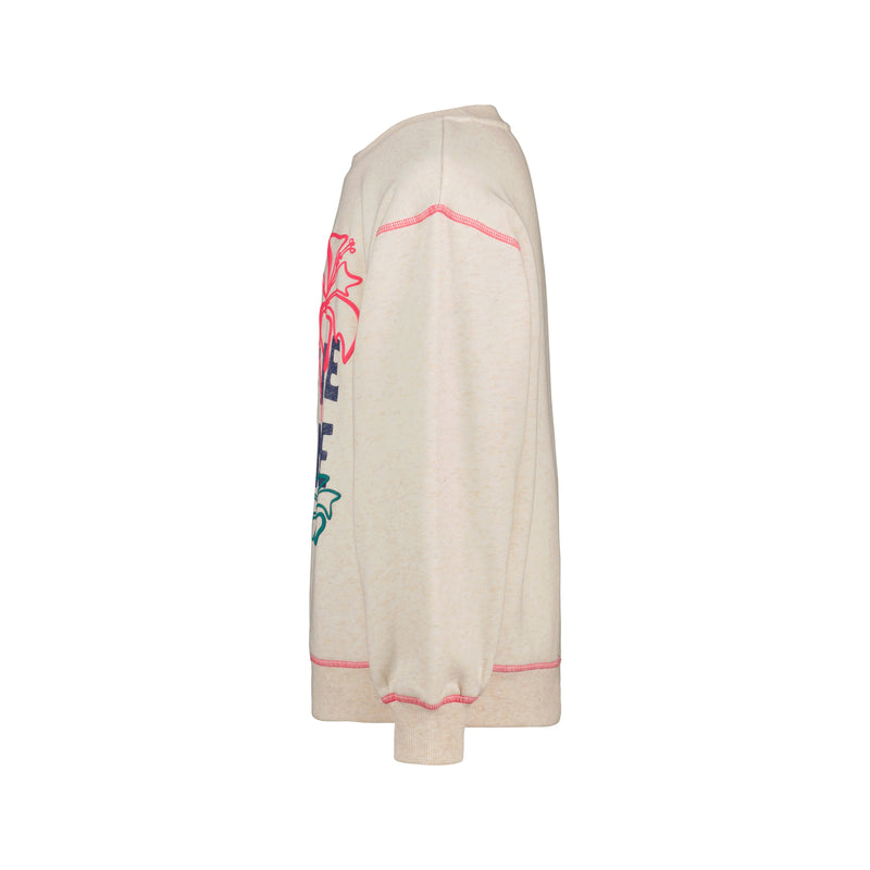 The Roxy Girls' Sunshine Crew sweatshirt in cream is shown from the side, highlighting pink seam stitching and a hint of colorful front graphics against a plain white background.