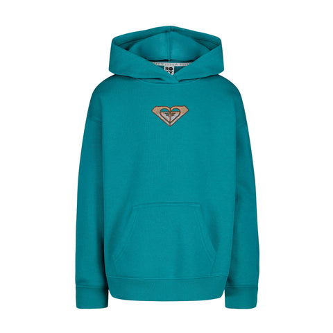 The Roxy Girls' Wildflower Hoodie is an oversized teal pullover made from soft cotton-poly fleece, featuring a front pocket and a small chest logo—ideal for cozy beach days.