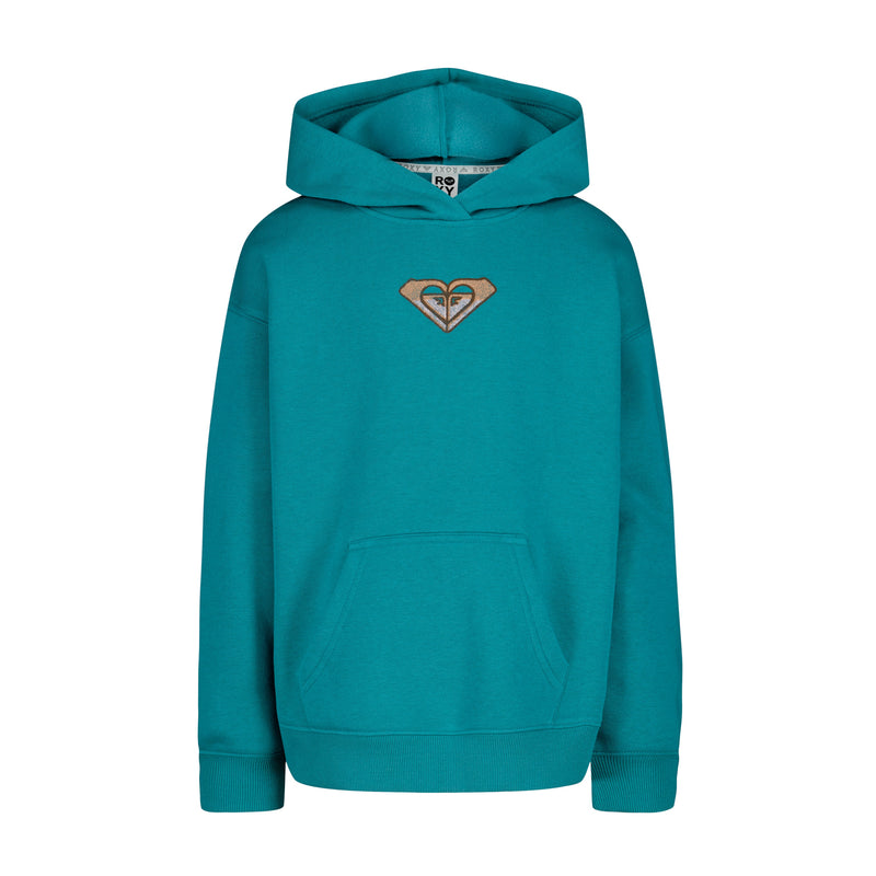 The Girls' Wildflower Hoodie by Roxy is a teal oversized pullover with a front pocket and a small brown and white heart logo on the chest—perfect for cozy beach days or as your go-to hoodie.