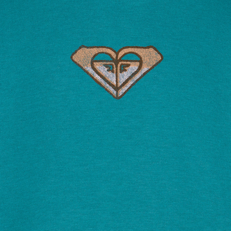 A close-up of teal fabric from a Roxy Girls' Wildflower Hoodie showcases a small brown and black heart-shaped logo with stylized accents at the center.