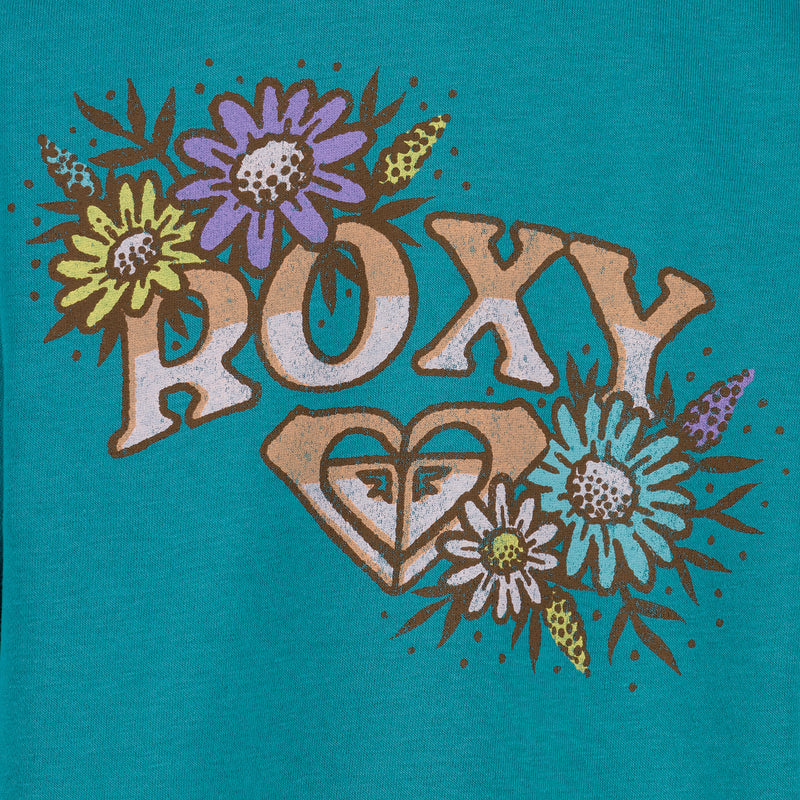 The image displays "ROXY" in bold letters with colorful flowers and a heart logo, all printed on teal fabric for the Roxy Girls' Wildflower Hoodie.