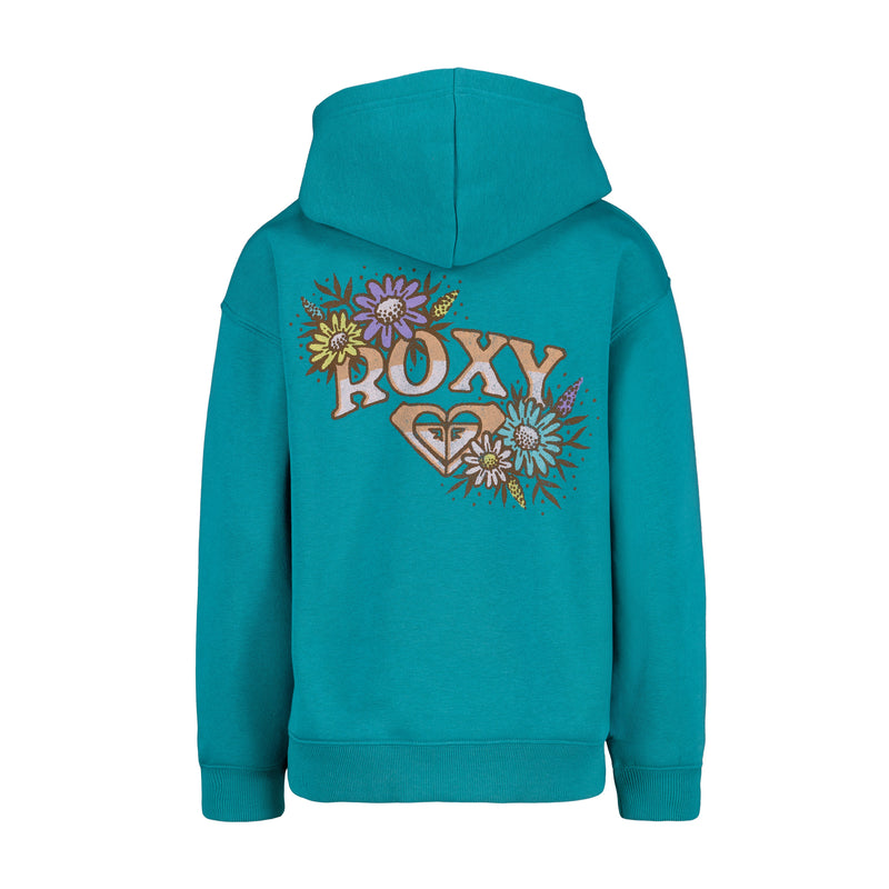 The Girls' Wildflower Hoodie by Roxy features ROXY in bold letters on the back, colorful flower graphics, and a heart-shaped logo, making it a vibrant addition to any girls' oversized pullover hoodie collection.