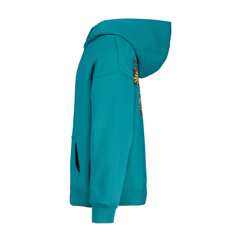 Girls' Wildflower Hoodie by Roxy shown from the side with pockets and a peek of vibrant chest graphic. This oversized pullover is perfect for relaxed days or as a cozy beach hoodie. Plain white background.