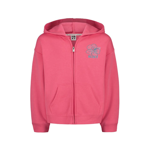 The Girls' Hibiscus Stitch Zip Hoodie by Roxy is a pink cotton-poly fleece hoodie for girls, featuring a hood, front pockets, and a blue floral ROXY design on the left chest.
