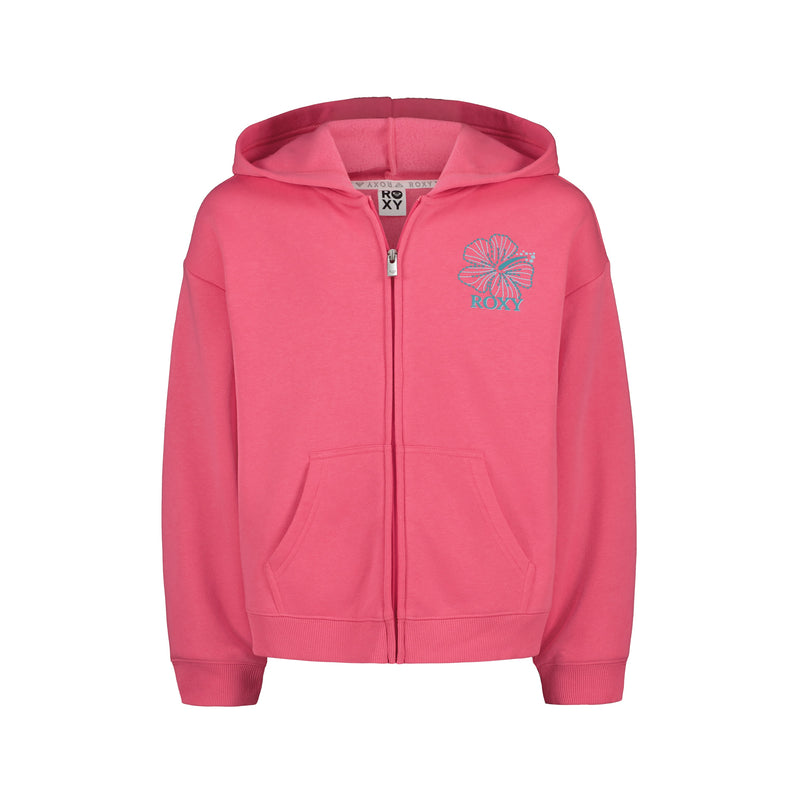 The Girls' Hibiscus Stitch Zip Hoodie by Roxy is a pink cotton-poly fleece hoodie for girls, featuring a hood, front pockets, and a blue floral ROXY design on the left chest.