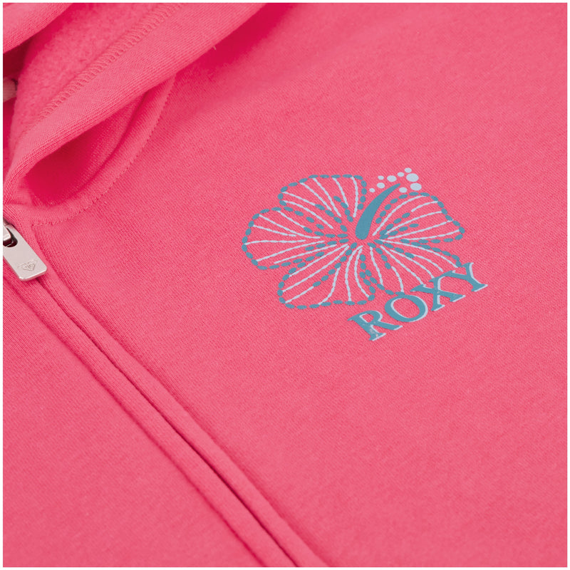 Close-up of the Girls' Hibiscus Stitch Zip Hoodie by Roxy in pink, showing a blue-outlined hibiscus flower with "Roxy" printed below the flower near the zipper.