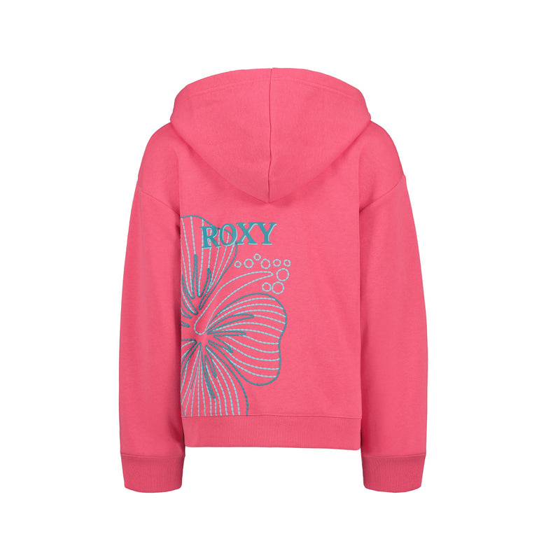 The Roxy Girls' Hibiscus Stitch Zip Hoodie is a pink oversized cotton-poly fleece with long sleeves, ribbed cuffs, a large stylized flower and blue "ROXY" on the back for cozy comfort.
