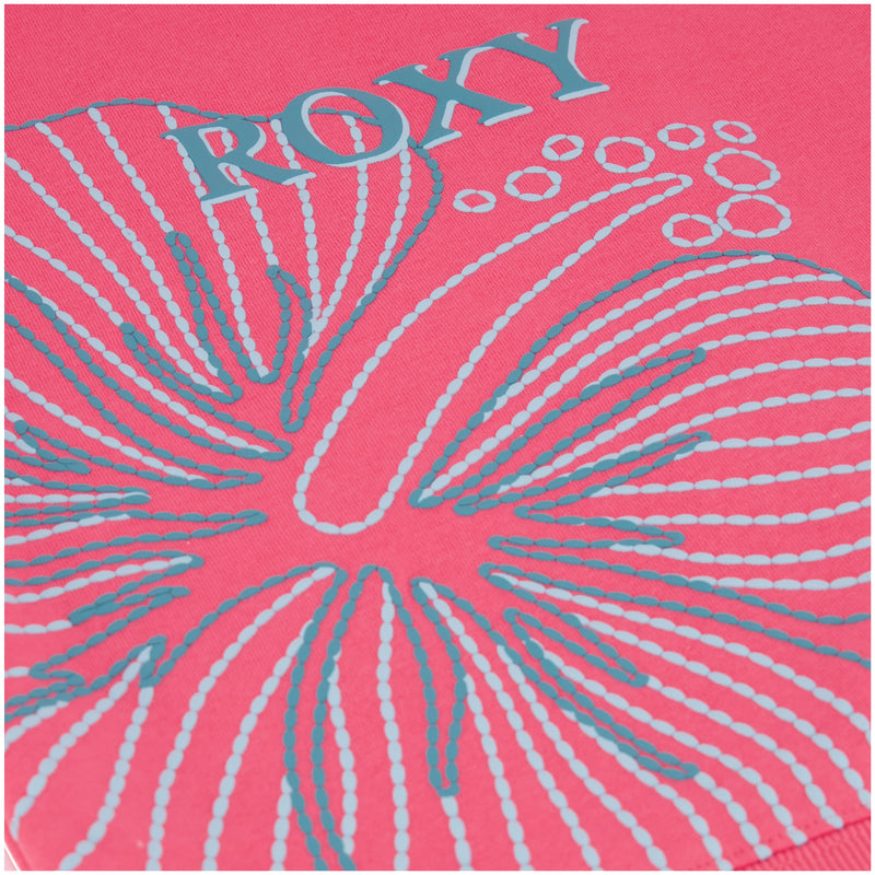 Close-up of the Girls' Hibiscus Stitch Zip Hoodie by Roxy in pink cotton-poly fleece, featuring a blue and white hibiscus flower graphic and ROXY logo—ideal for girls as an oversized zip-up hoodie.