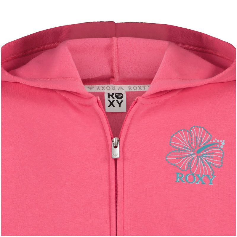 Close-up of the Roxy Girls' Hibiscus Stitch Zip Hoodie in pink, featuring a blue-outlined flower and ROXY logo on the left chest, soft hood lining, front zipper, and an inner collar brand tag.