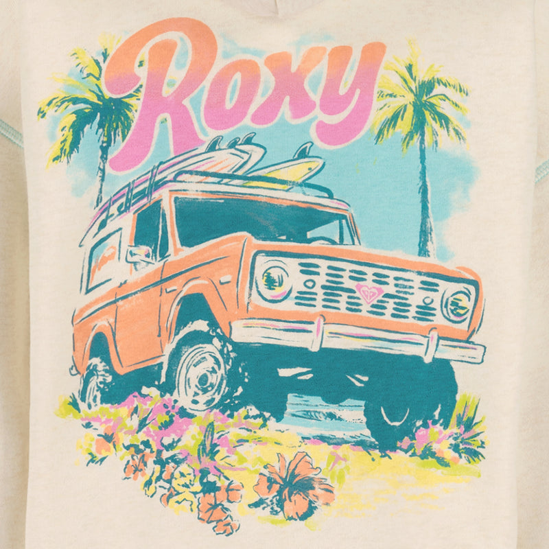 Illustration of an orange vintage SUV with surfboards, tropical flowers, and palm trees, plus large pink "Roxy" lettering—featured on the Roxy Little Girls' Coastal Cruiser Zip Hoodie in soft cotton-poly fleece.