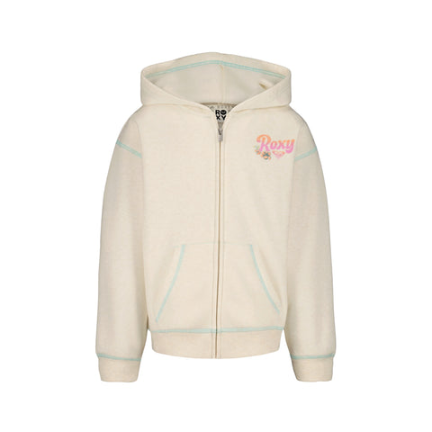 The Roxy Girls' Coastal Cruiser Zip Hoodie is an oversized, cream-colored hoodie made from soft cotton-poly fleece with a hood, front pockets, light blue stitching, and a pink heart logo on the left chest.