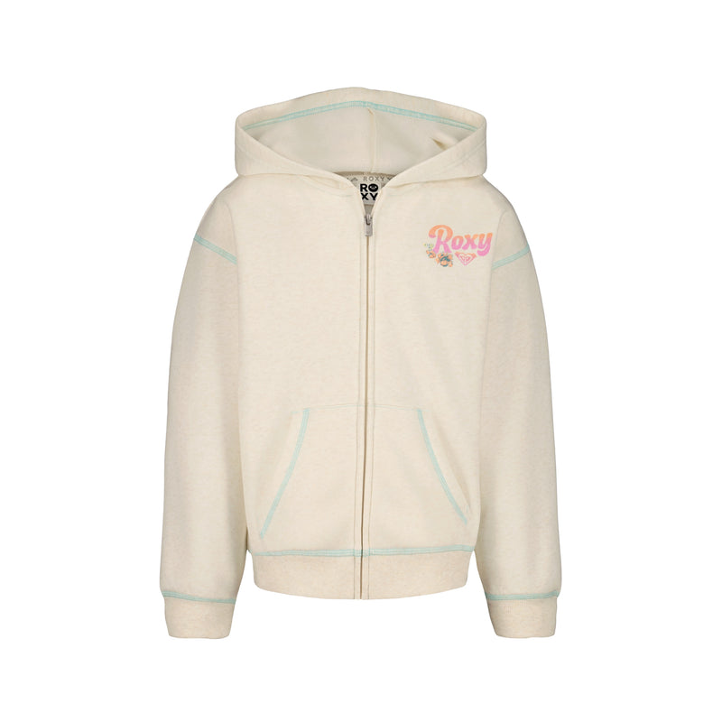 The Roxy Girls' Coastal Cruiser Zip Hoodie is an oversized, cream-colored hoodie made from soft cotton-poly fleece with a hood, front pockets, light blue stitching, and a pink heart logo on the left chest.