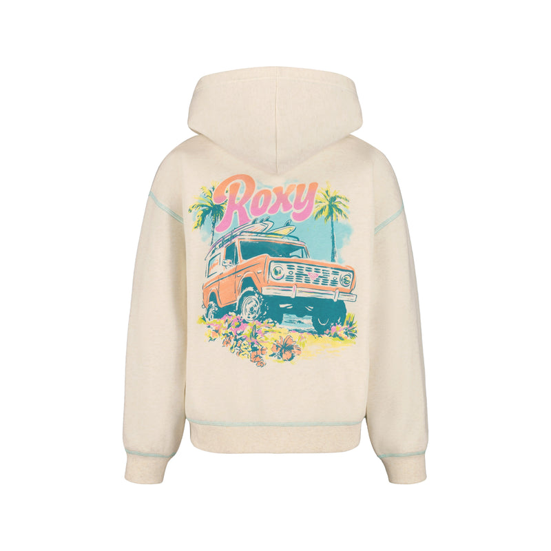 The Roxy Girls' Coastal Cruiser Zip Hoodie features a beige color and a vibrant back graphic with an orange vintage car, surfboard, palm trees, flowers, and bold pink "Roxy" lettering.