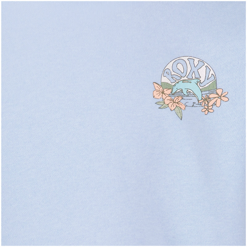 The Girls’ Ocean Explorer Crew by Roxy is a light blue crew neck pullover for girls, featuring a small upper-left graphic with the word “ROXY,” a wave, and orange flowers with green leaves.