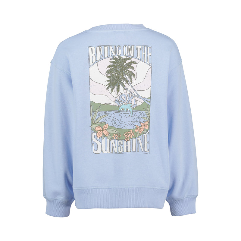 The Girls’ Ocean Explorer Crew by Roxy is a light blue oversized fleece sweatshirt featuring a back graphic of palm trees, sun, waves, and flowers. With the cheerful text “BRING ON THE SUNSHINE,” this girls’ crew neck pullover is perfect for laid-back days and capturing seaside vibes.