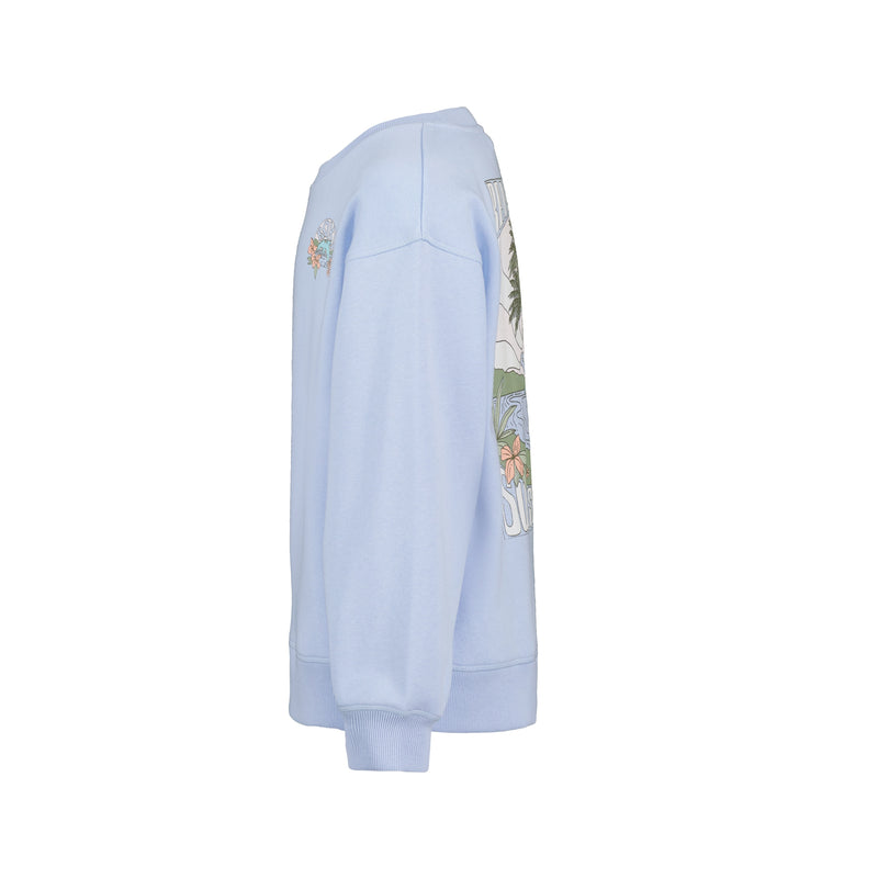 The Girls’ Ocean Explorer Crew by Roxy is an oversized light blue pullover for girls, shown from the side with partially visible floral and beach graphic prints on the front and sleeve. This fleece sweatshirt features a crew neck, along with ribbed cuffs and hem for a comfortable fit.