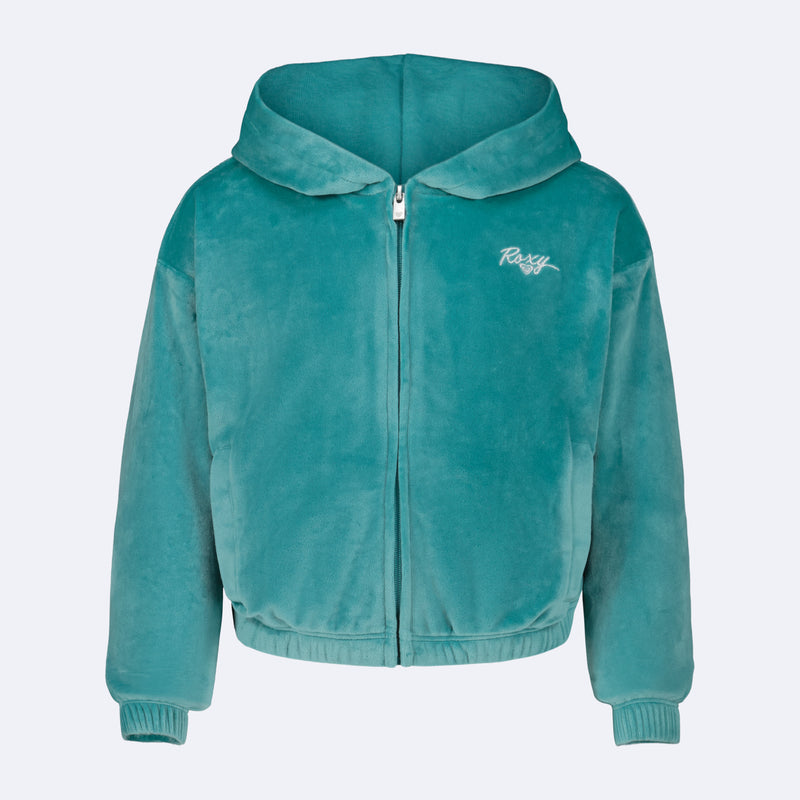Teal Roxy Girls’ Velour Zip Hoodie with a hood and pearlescent embroidery on the chest.