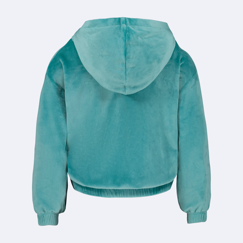 Back view of a teal Roxy Girls’ Velour Zip Hoodie with long sleeves, pearlescent embroidery, and a ribbed hem.