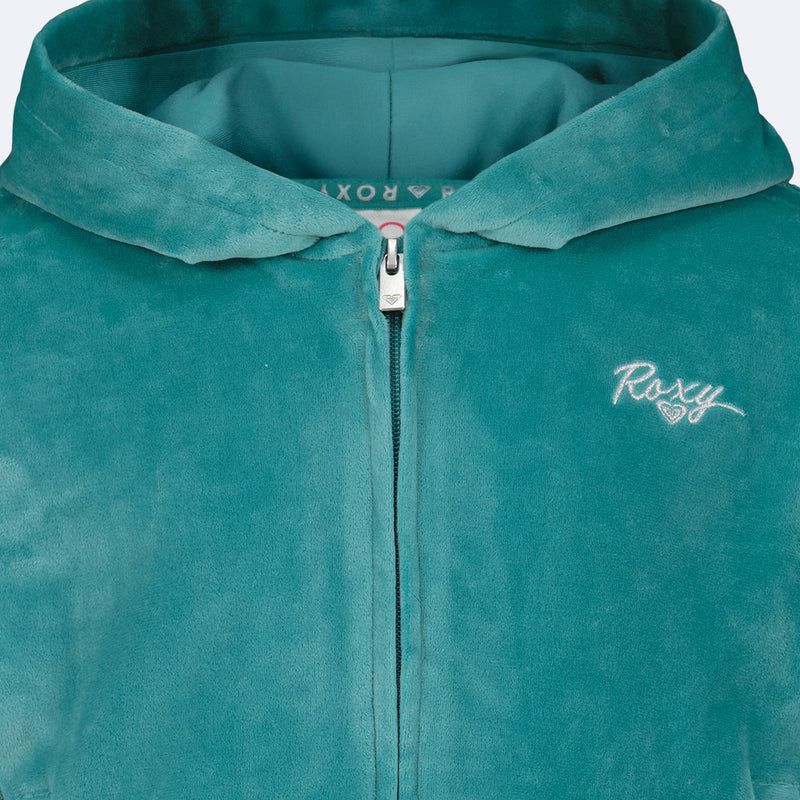 Roxy Girls’ Velour Zip Hoodie in teal, featuring a silver pearlescent embroidered logo on the chest.