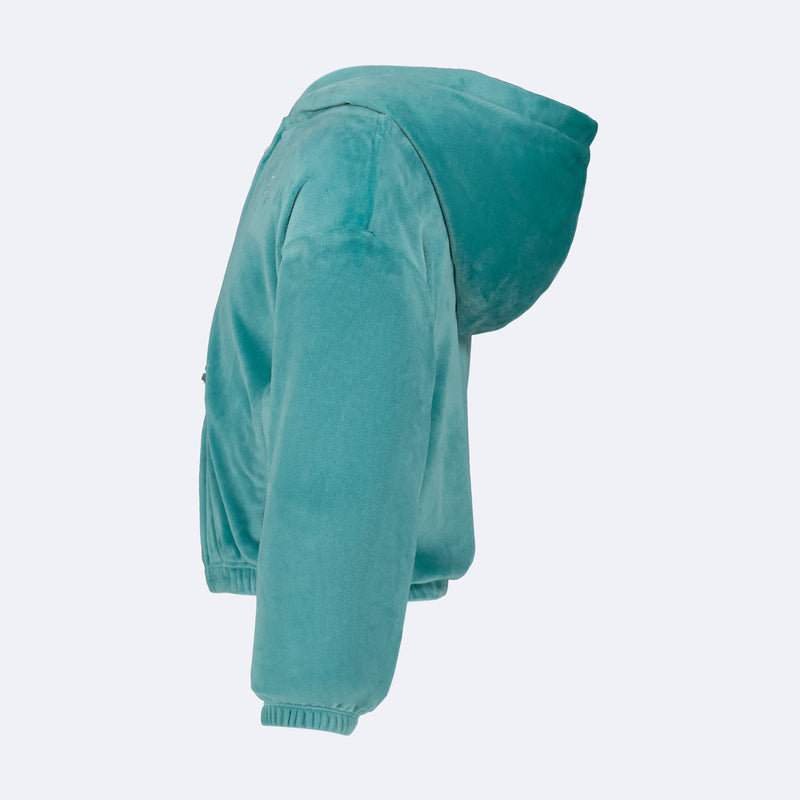Side view of a teal Roxy Girls’ Velour Zip Hoodie with a hood and pearlescent embroidery.
