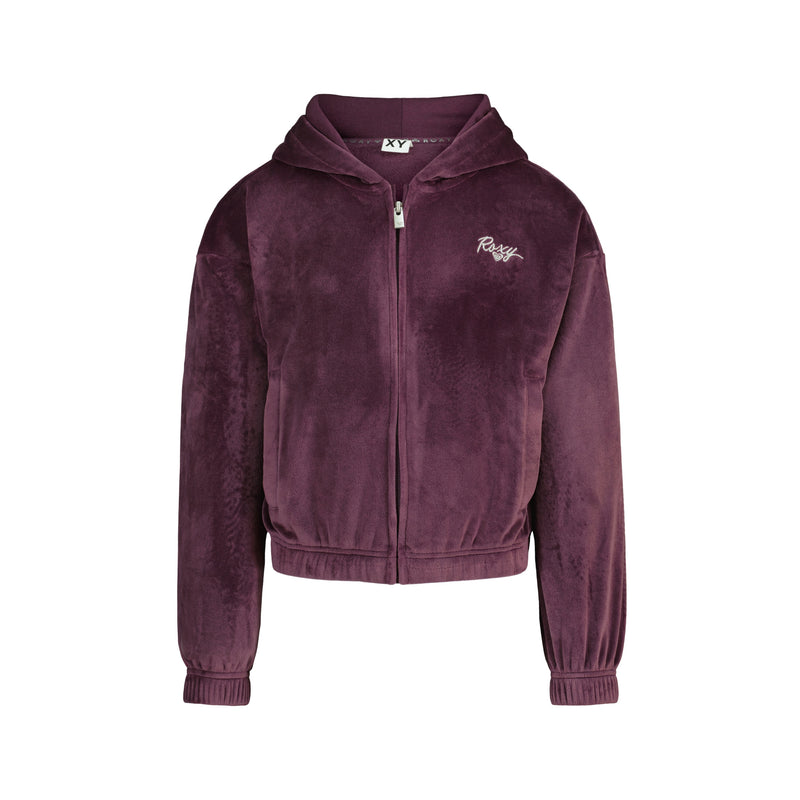 Girls’ Velour Zip Hoodie in blackberry: a super soft, dark purple zip-up hooded sweatshirt with ribbed cuffs and hem.