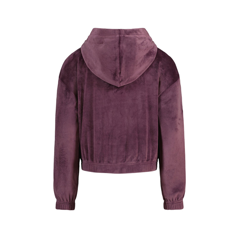 Back view of a teal Girls’ Velour Zip Hoodie in super soft velour, featuring a hood and ribbed cuffs.