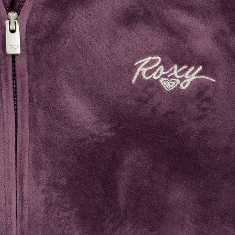 Close-up of a soft purple Roxy Girls’ Velour Zip Hoodie featuring an embroidered silver script logo with a heart detail.