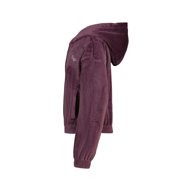 Side view of a soft, dark purple Roxy Girls’ Velour Zip Hoodie with a hood and ribbed cuffs.