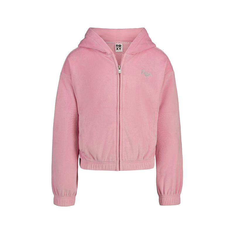 Roxy Girls’ Velour Zip Hoodie in pastel lavender with a hood and cuffed sleeves.