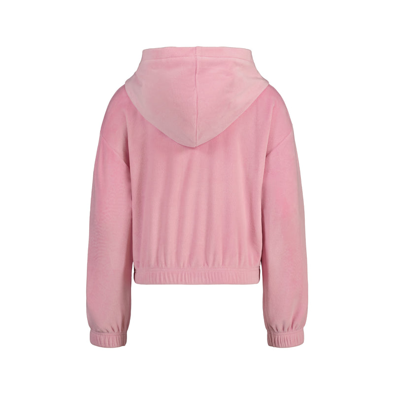 Back view of a pink Girls’ Velour Zip Hoodie in pearlescent embroidery velour, featuring long sleeves and an elasticated hem and cuffs.