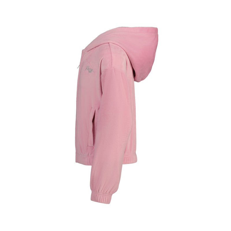 Side view of a pink Roxy Girls’ Velour Zip Hoodie with a hood, ribbed cuffs, and a small pearlescent embroidery logo on the chest.