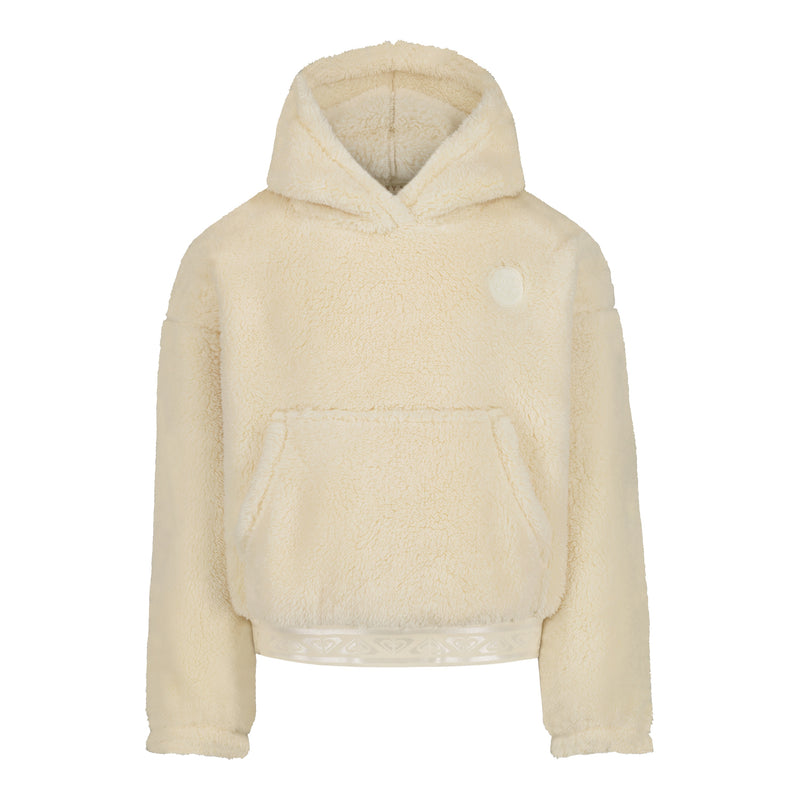 Girls’ Minky Hoodie in parchment, a cream-colored plush pullover in fuzzy fleece with a front pouch pocket and a banded hem.