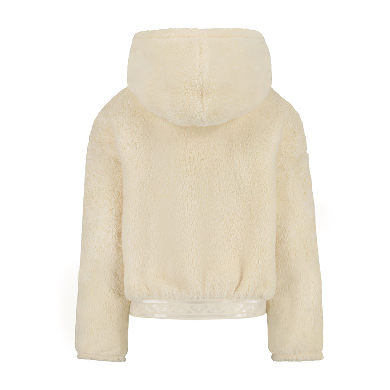 Back view of a cream-colored, plush Girls’ Minky Hoodie with a banded hem.