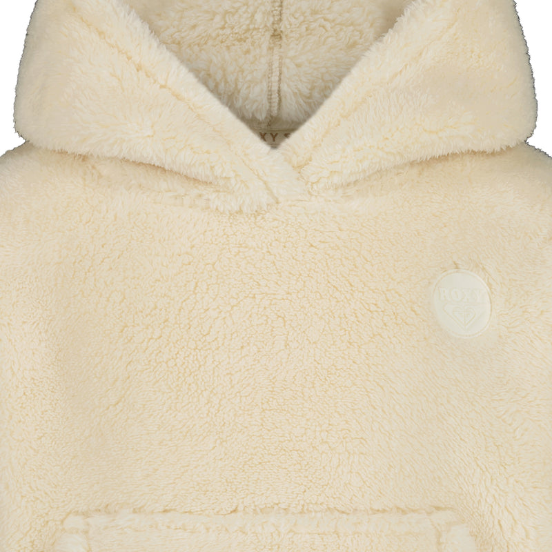 Roxy Girls’ Minky Hoodie in cream-colored plush, featuring a kangaroo pocket and a tonal circular patch on the chest.