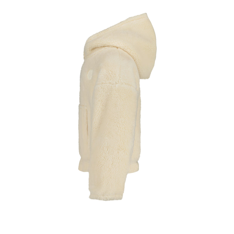Side view of a cozy, off-white Girls’ Minky Hoodie with a front pocket and hood.