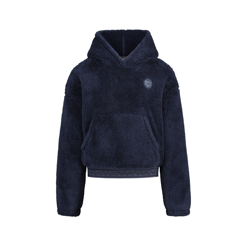 Girls’ Minky Hoodie in Naval Academy dark navy blue plush with a kangaroo pocket and a patterned elastic hem.