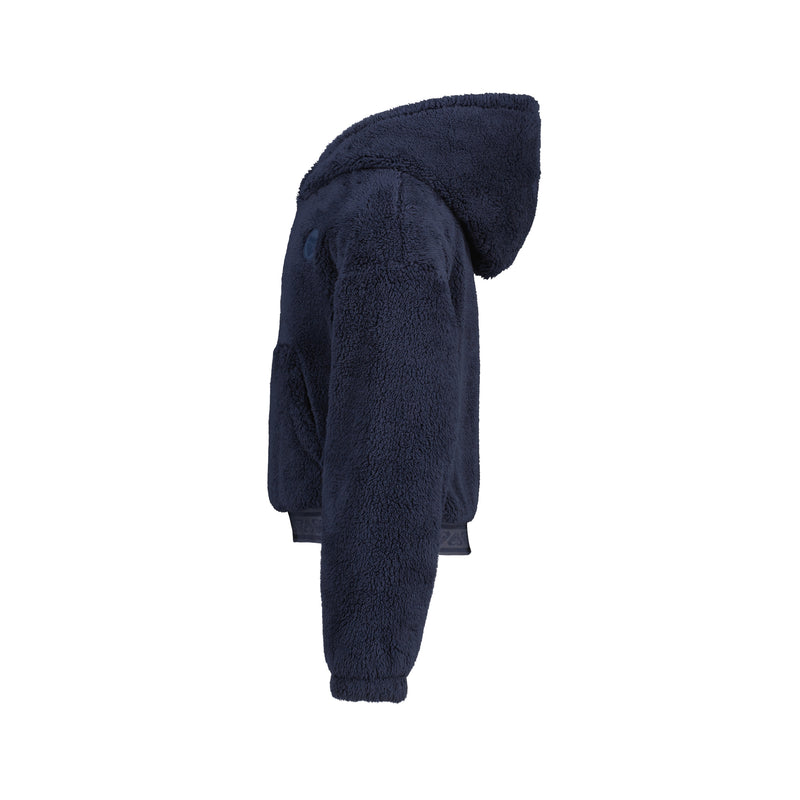 Side view of a dark blue, plush Roxy Girls’ Minky Hoodie with a zip-up front, hood, and ribbed hem.