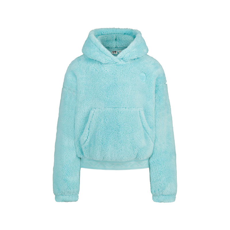 Roxy Girls’ Minky Hoodie in Tibetan Stone, a light blue plush pullover in cozy minky fabric with a kangaroo pocket and long sleeves.