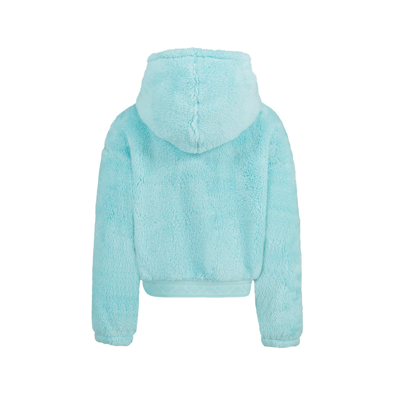 Back view of a light blue Girls’ Minky Hoodie featuring minky fabric and a textured waistband for cozy everyday wear.