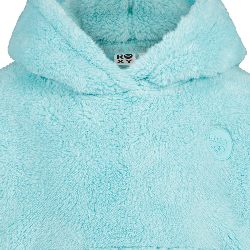Light blue Girls’ Minky Hoodie with a circular logo patch on the chest.