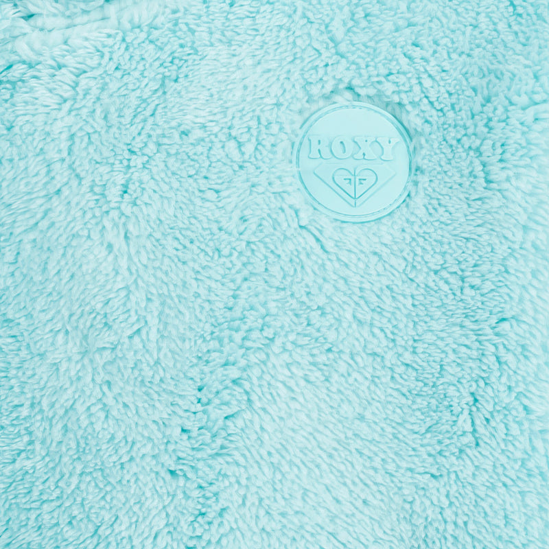 Close-up of a light blue Girls’ Minky Hoodie featuring a circular logo patch.