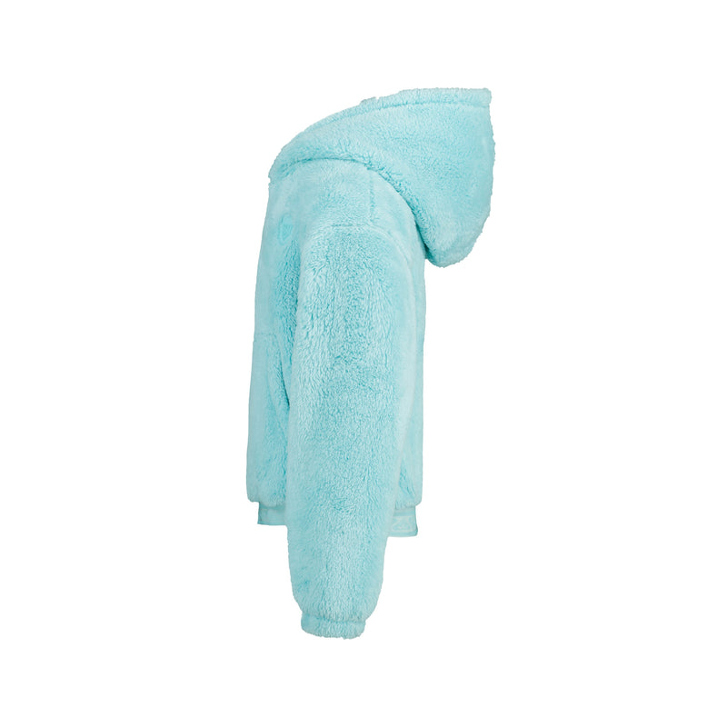 Side profile of a light blue long-sleeved Roxy Girls’ Minky Hoodie in a soft, textured material for cozy everyday wear.