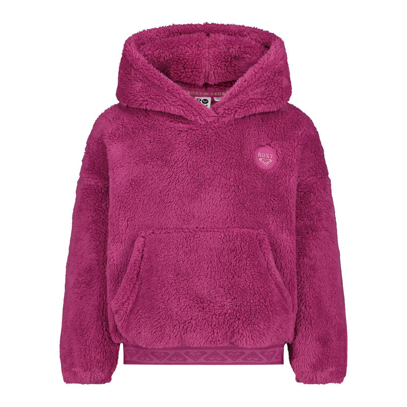Girls’ Minky Hoodie in purple orchid, featuring a hood, front kangaroo pocket, and a patterned band at the hem for cozy comfort.